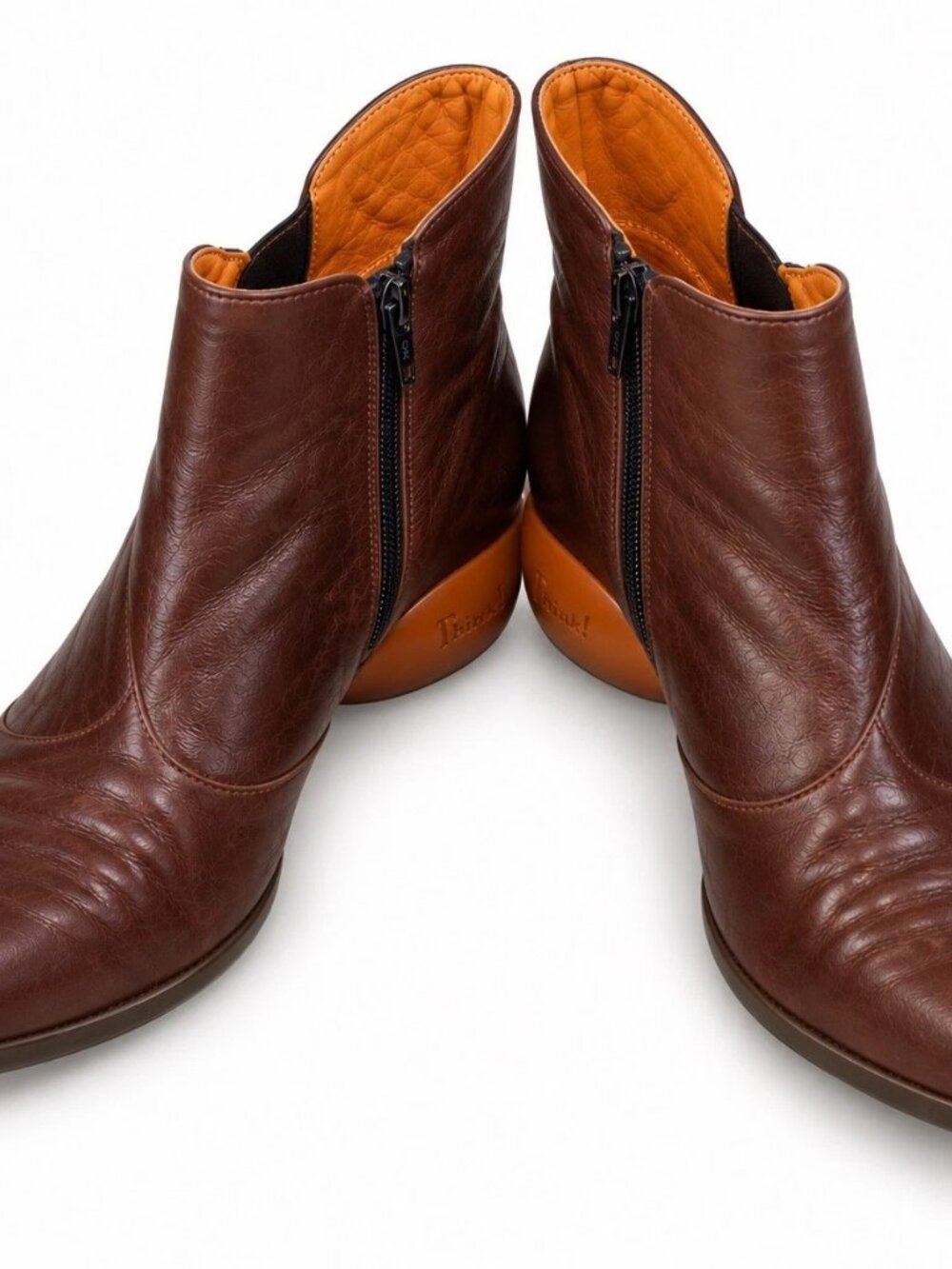 Think! Brown Leather Chelsea Ankle Boots Orange Dot Sz 9 US - Picture 2 of 16